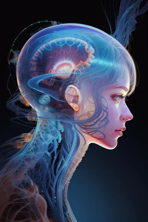 xryhd jellyfish, hyper realistic, ultra detailed, insanely detailed and intricate, ultra fine details, Extreme contrast, Extremely sharp lines, cinematic lighting, artwork by Okuda San Miguel and Carne Griffiths, swirls, intricate, elegant, highly detailed, digital painting, artstation, concept art, smooth, sharp focus, illustration  <lora:blacklight:0.8> <lora:xryhd:1>