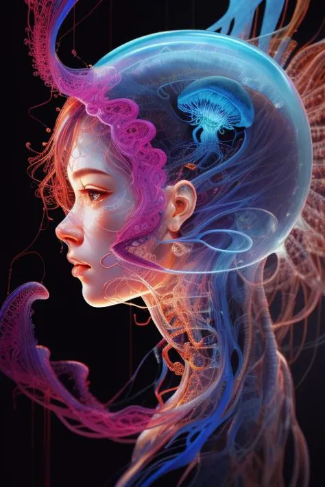 xryhd jellyfish, hyper realistic, ultra detailed, insanely detailed and intricate, ultra fine details, Extreme contrast, Extremely sharp lines, cinematic lighting, artwork by Okuda San Miguel and Carne Griffiths, swirls, intricate, elegant, highly detailed, digital painting, artstation, concept art, smooth, sharp focus, illustration  <lora:blacklight:0.8> <lora:xryhd:1>