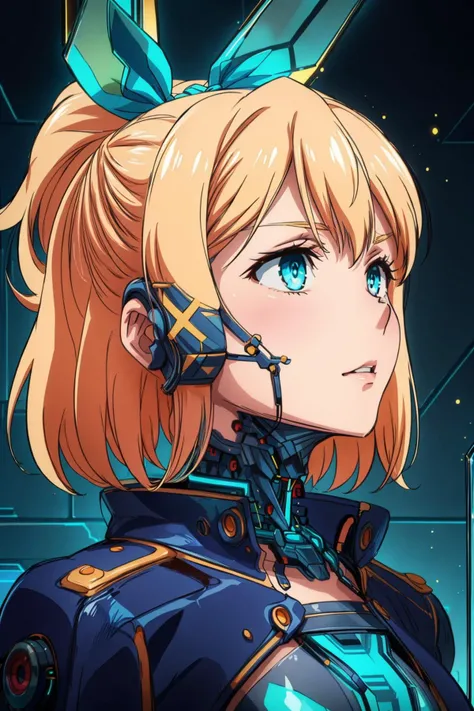 solo, half shot, Rumia Tingel, medium hair, blonde hair, short ponytail, blue eyes, green bow, x hair ornament, <lora:chara_Rokuaka_RumiaTingel_v1:0.7>, looking up, detailed background, detailed face, (<lora:CyberPunkAI:0.6>, neon, CyberpunkAI), glass-cyborg, (made of glass:1.1), translucent, mosaic, epic atmosphere, sfw, <lora:add_detail:1>
