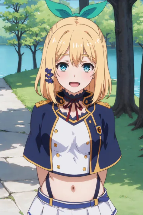 best quality, (masterpiece:1.2), detailed,
<lora:chara_Rokuaka_RumiaTingel_v1:0.8>, Rumia Tingel,
1girl, solo, open mouth, light smile,
medium hair, blonde hair, short ponytail, blue eyes, green bow, x hair ornament,
school uniform, suspenders, blue capelet, white shirt, blue choker, red ribbon, miniskirt, white skirt, navel, gloves, crop top,
standing, from angle, arms behind back, looking at the viewer,
forest, (lake:1.2)