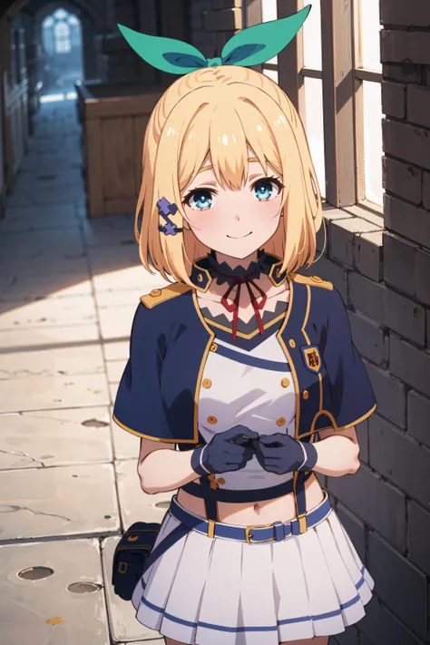 Best Quality, (masutepiece), Detailed, Medieval,
Ugly Tingel,
1girl in, Solo, Closed mouth, lightsmile,
Medium Hair, Blonde hair, Short ponytail, Blue eyes, green bow, X Hair Ornament,
School uniform, suspenders, blue capelet, White shirt, Blue choker, Red Ribbon, Miniskirt, White skirt, Navel, gloves,
Stand outdoors, castle, Cameltoe, (Panty Pose), (Fully exposed panties:1.5)、(panties:1.3)、(Skirt that rolls up:1.3)、(Skirt lift:1.3), Panty shots,