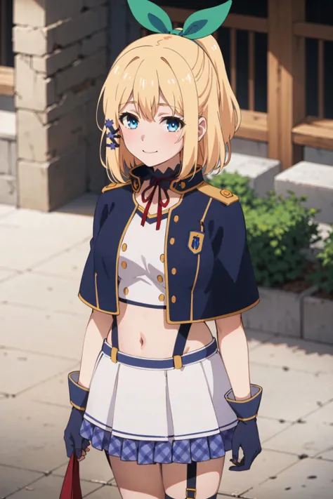 best quality, (masterpiece:1.2), detailed, medieval,
<lora:chara_Rokuaka_RumiaTingel_v1:0.8>, Rumia Tingel,
1girl, solo, closed mouth, light smile,
medium hair, blonde hair, short ponytail, blue eyes, green bow, x hair ornament,
school uniform, suspenders, blue capelet, white shirt, blue choker, red ribbon, miniskirt, white skirt, navel, gloves,
standing, from angle, looking at the viewer,
outdoors, castle