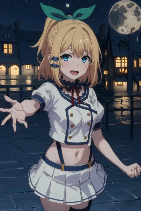 best quality, (masterpiece:1.2), detailed, medieval,
<lora:chara_Rokuaka_RumiaTingel_v1:0.8>, Rumia Tingel,
1girl, solo, open mouth, light smile,
medium hair, blonde hair, short ponytail, blue eyes, green bow, x hair ornament,
school uniform, suspenders, short sleeves, (white shirt:1.4), red ribbon, miniskirt, white skirt, navel, crop top,
standing, from angle, outstretched hand, looking at the viewer,
outdoors, night, moon, <lora:night-r:0.5>