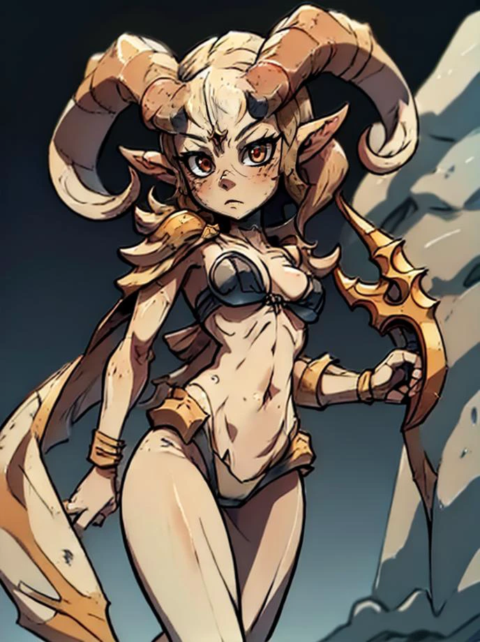 a female <lora:RPGLeraie:0.7> leraie ready for battle in the middle of the steppes, 1girl, solo, bikini top, upper body, horns, armor, blurry, grey skin, (red eyes), spine, bones, no humans, bow (weapon), ((looking at viewer)), realistic:1.1, depth of field, atmospheric effects, dangerous battlefield