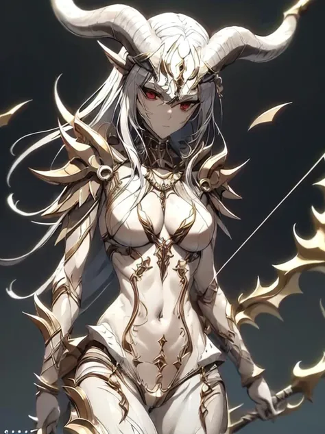 a female <lora:RPGLeraie:0.7> leraie ready for battle in the middle of the steppes, 1girl, solo, bikini top, upper body, horns, armor, blurry, grey skin, (red eyes), spine, bones, no humans, bow (weapon), ((looking at viewer)), realistic:1.1, depth of field, atmospheric effects, dangerous battlefield