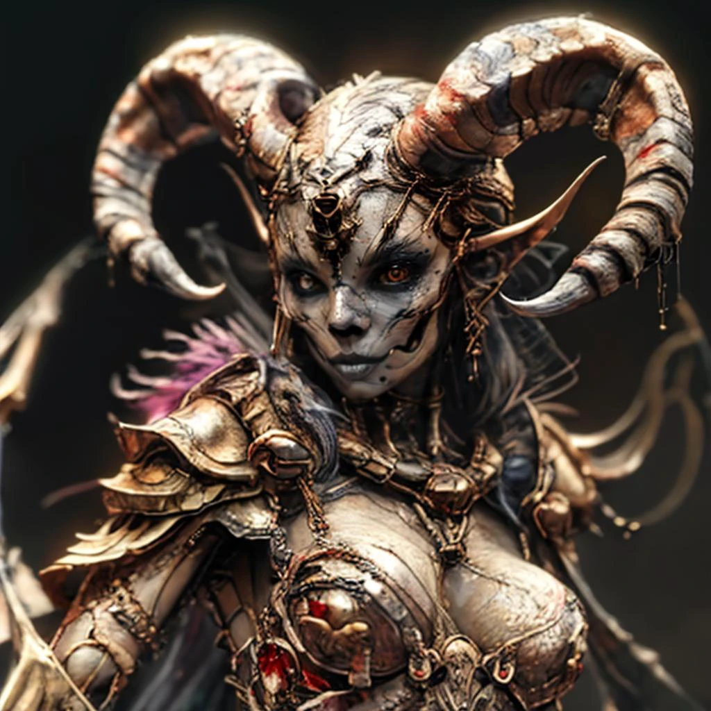 <lora:RPGLeraie:0.8> leraie Fantasy creature with grey skin, horns, and red eyes, holding a bow, with a simple background. realistic:1.1, depth of field, atmospheric effects <lora:detail_slider_v4:2>