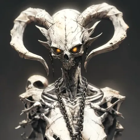 <lora:RPGLeraie:0.8> leraie Animal skull on a dark background, surrounded by bones and a chain, creating a chilling atmosphere. realistic:1.1, depth of field, atmospheric effects