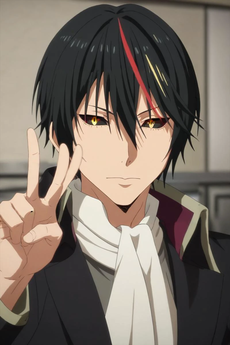 score_9, score_8_up, score_7_up, source_anime, rating_safe, intricate details, (3d:0.4), looking at viewer, depth of field, 1boy, solo, male focus, <lora:diablo_tensura_pony:0.96>, diablo_tensura, black hair, yellow eyes, multicolored hair, streaked hair, red hair, hair between eyes, colored sclera, panorama, kitchen, dawn, v, peace sign, :\3, japanese costume, <lora:sdxl_lightning_8step_lora:1>