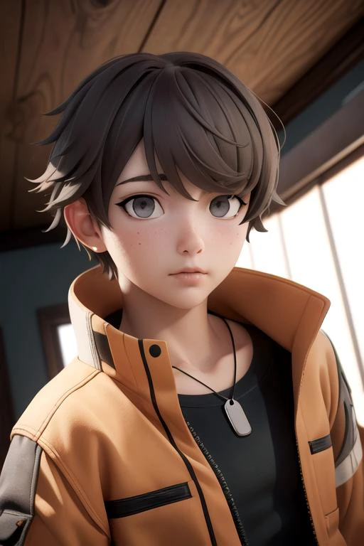 photorealistic, (4k), depth of field, (Masterpiece), (realistic skin texture), extremely detailed, intricate, hyper detailed, high resolution, professional photography, , depth of field, sharp detail, best quality, looking at viewer, 1boy, solo, male focus, <lora:kanata_synduality_noir:0.9>, kanata_synduality_noir, light brown hair, grey eyes, , , shack,