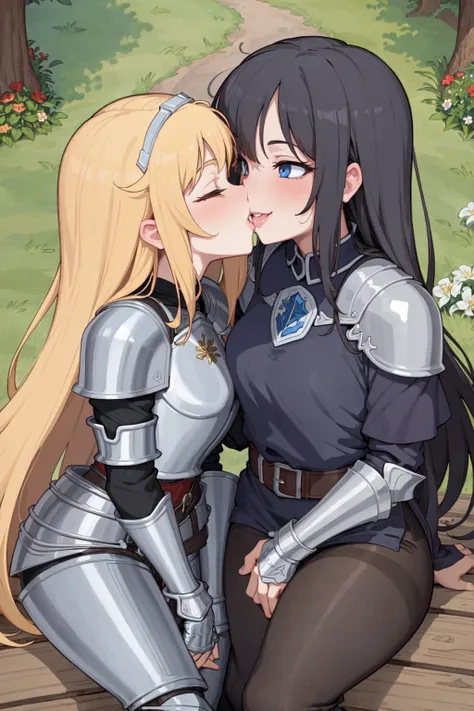 beautiful, (masterpiece:1.2), (best quality:1.2), perfect eyes, perfect face, perfect lighting, 2girls, MILF, , a mature woman knight (kissing:1.4) her young squire girl, smiles, happiness, armors, tabards, fantasy, detailed backgrounds, leather, steel, outdoor, (yuri:1.2)