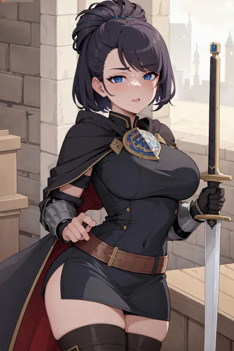 beautiful, (masterpiece:1.2), (best quality:1.2), perfect eyes, perfect face, perfect lighting, 1girl, mature female knight, MILF, medium breasts, fantasy, black heavy armor, sword, leather skirt, cloak, thighhighs, short hair, pompadour cut, castle, detailed background