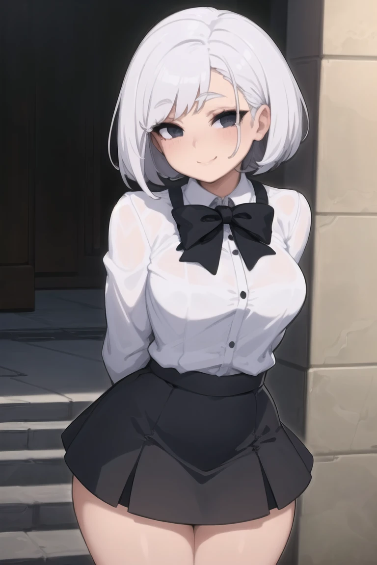 beautiful, (masterpiece:1.2), (best quality:1.2), perfect eyes, perfect face, perfect lighting, (1girl), (solo), (female focus), white hair, short hair, black eyes, light smile, white shirt, buttoned shirt, (black skirt), (short skirt), standing, white background, arms behind back, ((wide hips)), (thick)