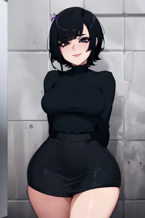 beautiful, (masterpiece:1.2), (best quality:1.2), perfect eyes, perfect face, perfect lighting, (1girl), (solo), (female focus), black hair, short hair, black eyes, light smile, mouth closed, white shirt, buttoned shirt, (black skirt), (short skirt), standing, dynamic background, arms behind back, ((wide hips)), (thick), <lora:LoraBraless_v11:0.7>, braless, <lora:gothGirlLora_v10:0.5>, goth girl, goth girl makeup, <lora:corneo_runny_makeup:0.6>, corneo_runny_makeup, runny makeup
