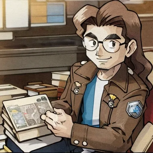 trading card salesman sitting in a pile of cards, brown hair, brown thick rim glasses, medium wavy hair, smiling, (((1boy))), denim jacket, <lora:kenSugimori1990sClassic_v12:1>, solo