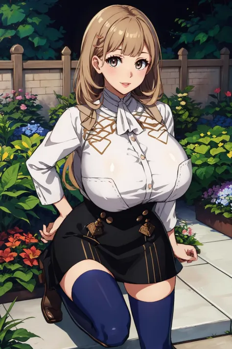 masterpiece, best quality, <lora:ryoukanarusawa-on-richy-v1:1> ryouka <lora:gmuniform2-nvwls-v1:1> gmuniform, blue thighhighs, gigantic breasts, garden, looking at viewer, smile