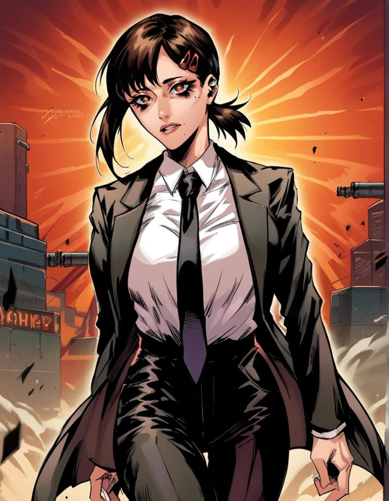 score_9, score_8_up, score_7_up, motion blur, detailed background, looking at viewer, realistic lighting, mature female, detailed eyes,
sparse pubic hair, heavy makeup, parted lips, dynamic pose,
<lora:The_Darkness_Compendium_V1_r2:0.8>, darkness comic,
<lora:kobeni-higashiyama-ponyxl-lora-nochekaiser:0.7>, kobeni higashiyama, black hair, hair ornament, hairclip, mole, mole under eye, ponytail, short hair, brown eyes,black necktie, black pants, business suit, formal, long sleeves, necktie, pants, suit,
<lora:corset_piercing_PDXL:1>, corset_piercing