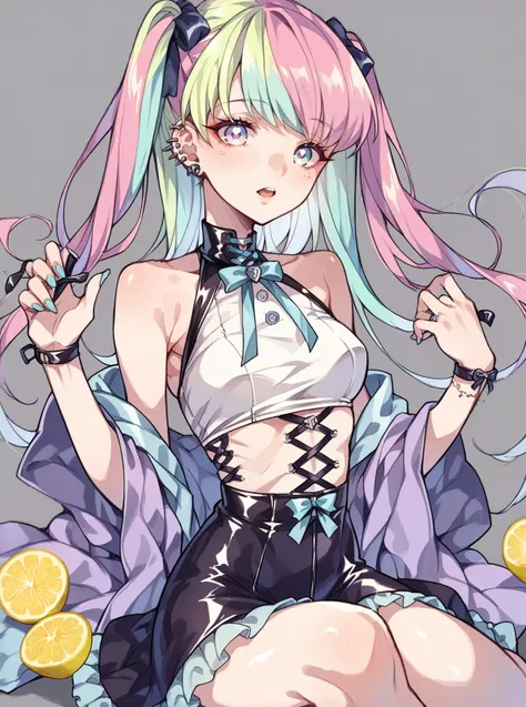 score_9, score_8_up, score_7_up, source_anime, solo, 1girl, (corset_piercing:0.8), latex, Lemon sorbet hair, <lora:corset_piercing_PDXL-000003:1>