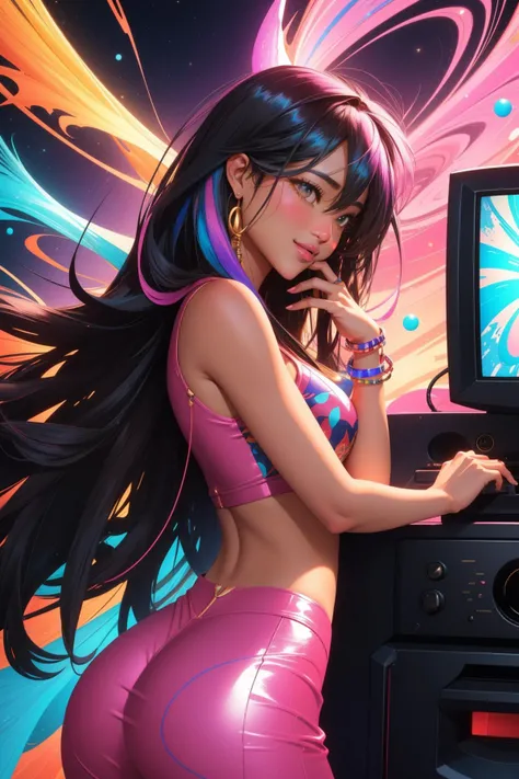 ((zoom in) Create a scene of a large wall painted with colorful paints simulating tattoos illuminated with neon by drawing the title Ai, ai my love