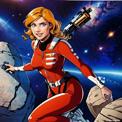 upper body, a woman jumping from a rock in space holding a gun, dynamic pose,  daylight<lora:Joan LandorLoRA:1>joan, blonde, hair, with, red, suit, beautiful eyes, beautiful girl, high detail skin, high detail eyes, high detail hair, highres, ultra detailed, horny smile, Highly detailed,masterpiece, best quality,