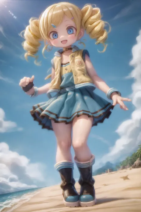 ppgzbb, blue eyes, blonde hair, twin drills, hairclip, earrings, vest, blue skirt, short skirt, boots, standing, standing, :d, looking away, beach <lora:PPGZ-Rolling_Bubbles-000005:1>