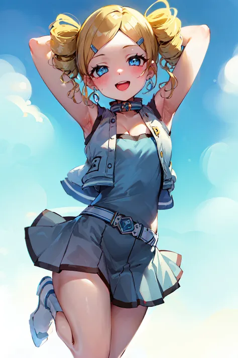 a beautiful young girl with silver twin tails, blue eyes, jumping on a beach with a yacht, seagulls, white clouds, blue sky