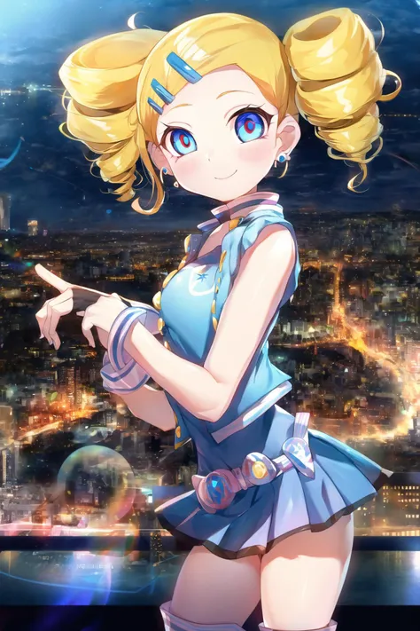 ppgzbb, blue eyes, blonde hair, twin drills, hairclip, earrings, vest, blue skirt, short skirt, boots, standing, standing, smile, looking at viewer, city <lora:PPGZ-Rolling_Bubbles-000005:1>