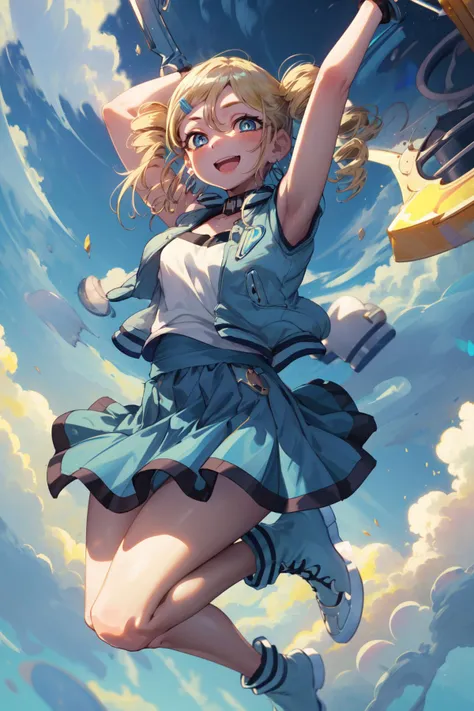 masterpiece,best quality,1girl,ppgzbb,blue eyes,blonde hair,twin drills,hairclip,earrings,vest,blue skirt,short skirt,boots,smile,open mouth,jumping,arms up,blue sky,<lora:PPGZ-Rolling_Bubbles:1>,