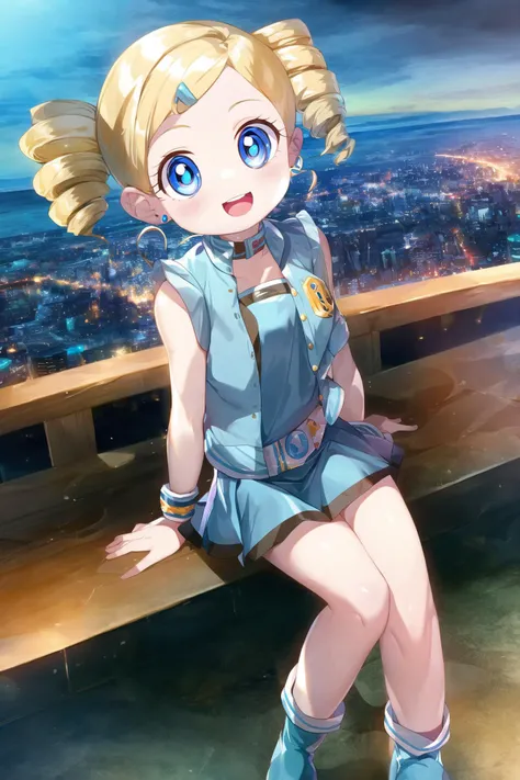 ppgzbb, blue eyes, blonde hair, twin drills, hairclip, earrings, vest, blue skirt, short skirt, boots, standing, sitting, :d, looking at viewer, city <lora:PPGZ-Rolling_Bubbles-000005:1>