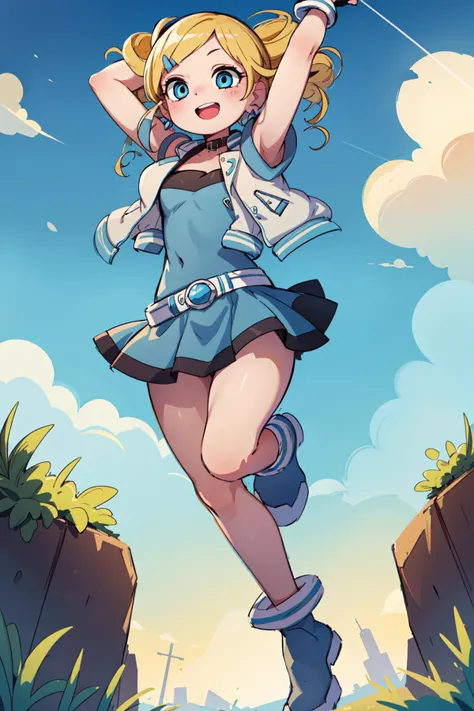 masterpiece,best quality,1girl,ppgzbb,blue eyes,blonde hair,twin drills,hairclip,earrings,vest,blue skirt,short skirt,boots,smile,open mouth,jumping,arms up,blue sky,<lora:PPGZ-Rolling_Bubbles:1>,
