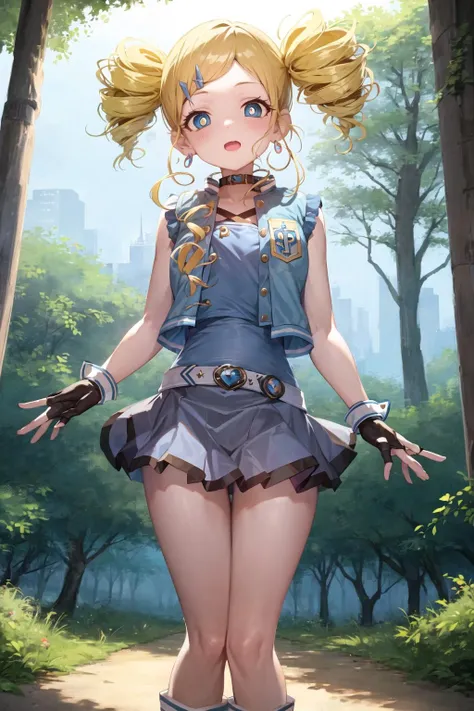 ppgzbb, blue eyes, blonde hair, twin drills, hairclip, earrings, vest, blue skirt, short skirt, boots, standing, forest <lora:PPGZ-Rolling_Bubbles-000005:1>