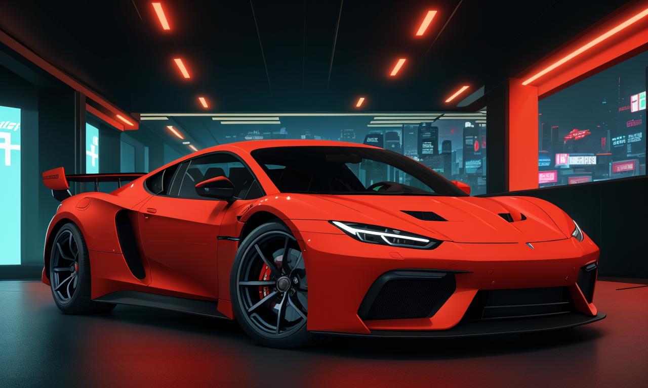 A red sports car in a dark room with neon lights - SeaArt AI