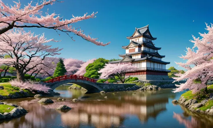 bes2024, best quality, cartoon, flat colors, masterpiece, trending on arstation, beautiful landscape, Japanese castle, cherry blossoms,