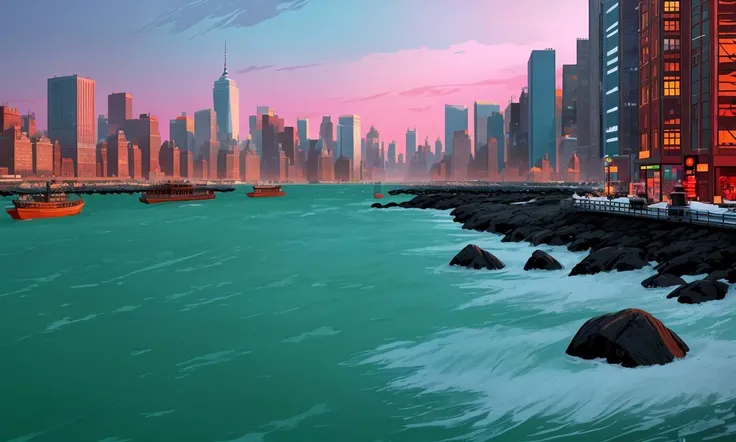 bes2024, best quality, cartoon, flat colors, masterpiece, trending on arstation, beautiful landscape, new york city,