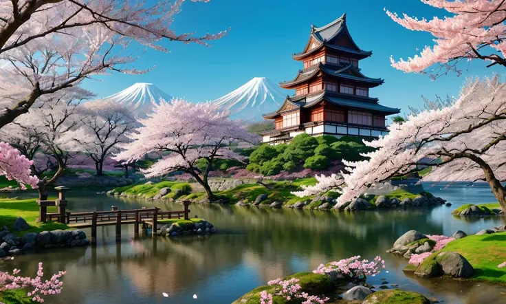 bes2024, best quality, cartoon, flat colors, masterpiece, trending on arstation, beautiful landscape, Japanese castle, cherry blossoms,