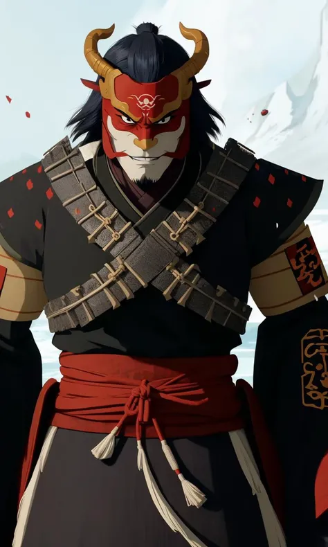 bes2024, best quality, cartoon, flat colors, masterpiece, trending on arstation, 1man, samurai armor, oni mask,