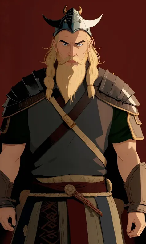 bes2024, best quality, cartoon, flat colors, masterpiece, trending on arstation, Viking warrior, beard, blonde hair, armor, 1man, horned helmet, tattoo,