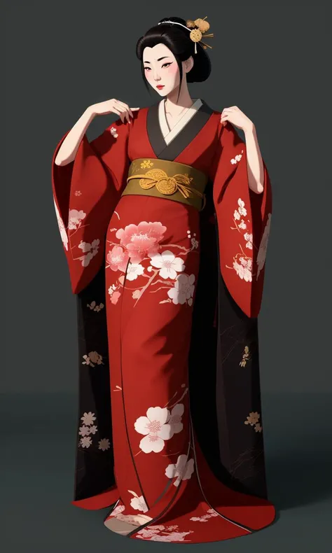 bes2024, best quality, cartoon, flat colors, masterpiece, trending on arstation, 1 girl, geisha, beautiful, pale skin, kimono, cell shaded