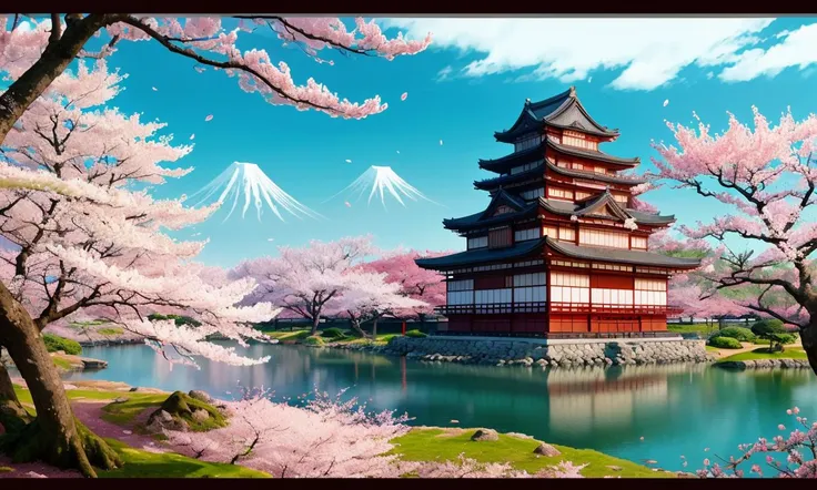 bes2024, best quality, cartoon, flat colors, masterpiece, trending on arstation, beautiful landscape, Japanese castle, cherry blossoms,