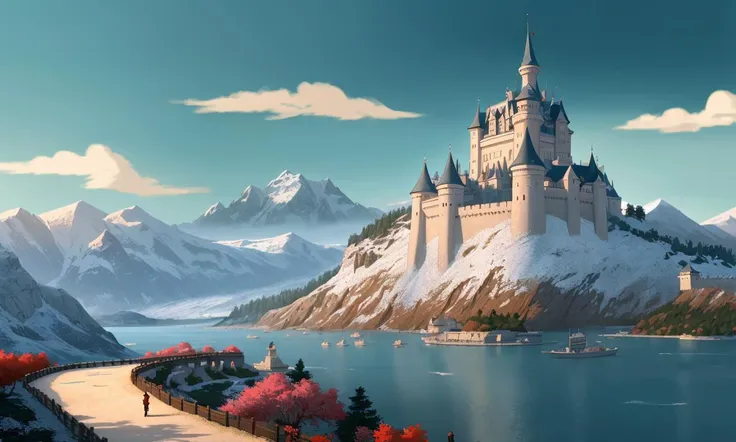 bes2024, best quality, cartoon, flat colors, masterpiece, trending on arstation, beautiful landscape, castle