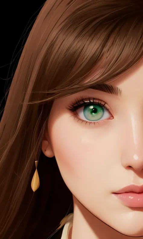 bes2024, best quality, cartoon, flat colors, masterpiece, trending on arstation, closeup, beautiful girl, brown hair, beauty mark, european, focus on eyes, green eyes