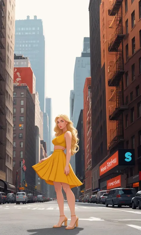 bes2024, best quality, cartoon, flat colors, masterpiece, trending on arstation, blonde girl posing in new york city