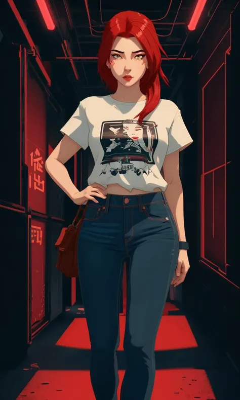 bes2024, best quality, cartoon, flat colors, masterpiece, trending on arstation, 1girl, cyberpunk, neon lights, cyborg, jeans, t-shirt, red hair
