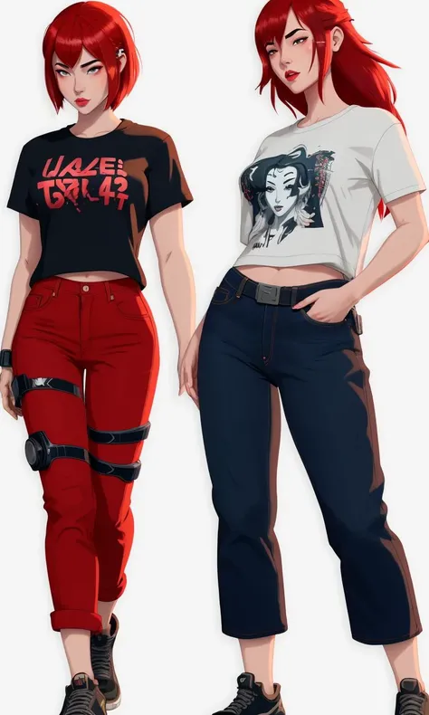 2girls, nose piercing, standing, jewelry, orange jumpsuit (insanely detailed, beautiful detailed face, masterpiece, best quality), cleavage, piercing blue eyes, full body shot, blank background, white background, holding hands, romantic, lesbian, black girl, white girl, red hair, black hair, touching, fondling