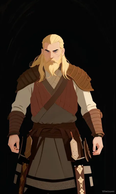 bes2024, best quality, cartoon, flat colors, masterpiece, trending on arstation, Viking warrior, beard, blonde hair, armor, 1man