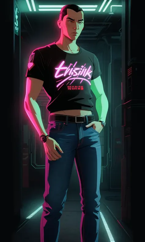 bes2024, best quality, cartoon, flat colors, masterpiece, trending on arstation, 1man, cyberpunk, neon lights, cyborg, jeans, t-shirt