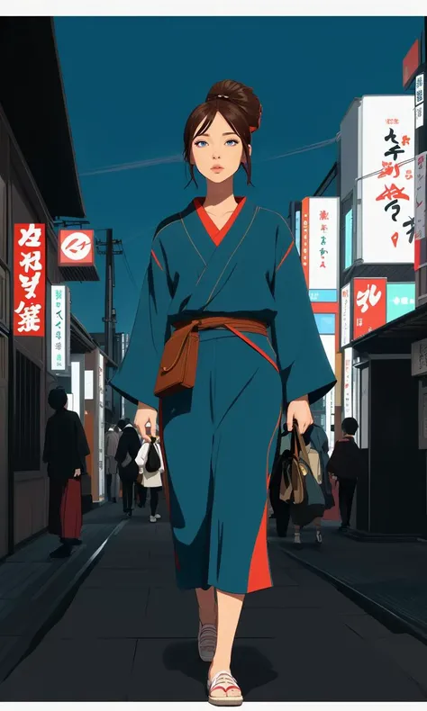 bes2024, best quality, cartoon, flat colors, masterpiece, trending on arstation, 1 girl walking in tokyo, blue eyes,