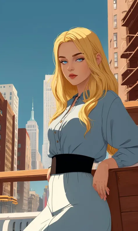 bes2024, best quality, cartoon, flat colors, masterpiece, trending on arstation, blonde girl posing in new york city