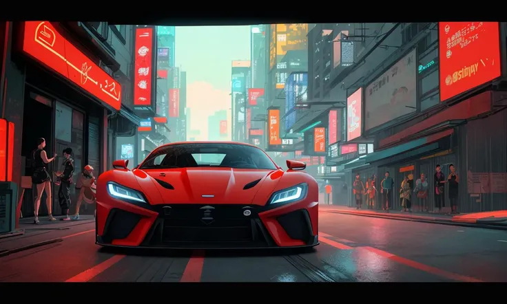 bes2024, best quality, cartoon, flat colors, masterpiece, trending on arstation, sports car, city, cyberpunk,
