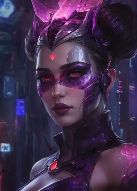 project,__humansf__,absolutely epic and evil empress from another realm,analog,private press photo,realistic,futuristic,scifi,cinematic,((glowing features)),hologram features,hyperdetailed photography,50nm dof,bokeh,realistic,sharp focus,ultra detailed,8k uhd,masterpiece,awardwinning,trending on artstation and deviant art, ambient,volumetric,wallpaper,official art, <lora:projectxl-000003:0.85>,scarlet and purple theme,dark and ominous,ethereal,complex,sexy and seductive,powerful,fractal particles surrounding her,(((style of zhelong zhu,sandra chevrier,joji shinkawa,artgerm,giger and greg rutkowski)))