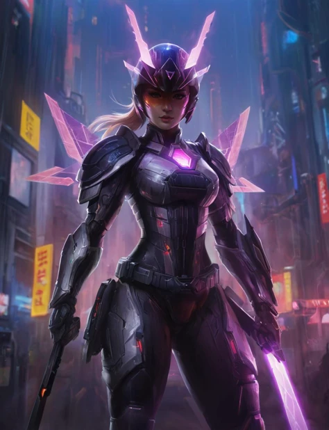 project female with colorful glowing spear,helmet,samurai armor,pinup,futuristic,scifi,cinematic,glowing armor features,frontview,full body,hyperdetailed photography,50nm dof,bokeh,realistic,sharp focus,ultra detailed,8k uhd,masterpiece,awardwinning,trending on artstation, ambient,volumetric,wallpaper,official art,__lightning__, <lora:projectxl-000003:0.8>,purple theme,(joji shinkawa and sandra chevrier style)